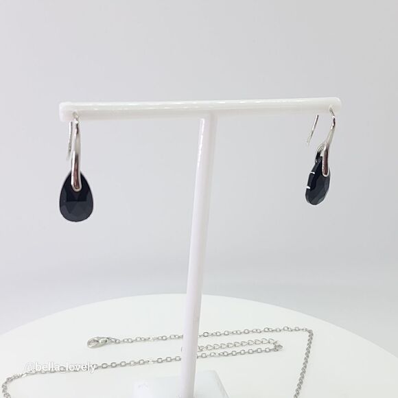 Faceted Teardrop Black Onyx Drop Dangle Earrings and Necklace Jewelry Set - Picture 4 of 7